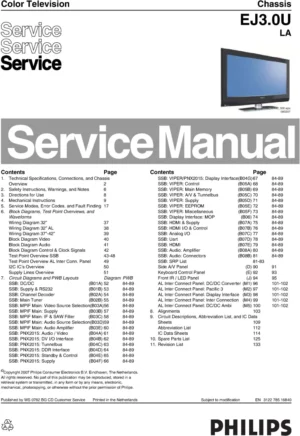 Philips 42pfl5332d service manual cover with photo of the television, TV type, chassis code, model code, creation date and document number