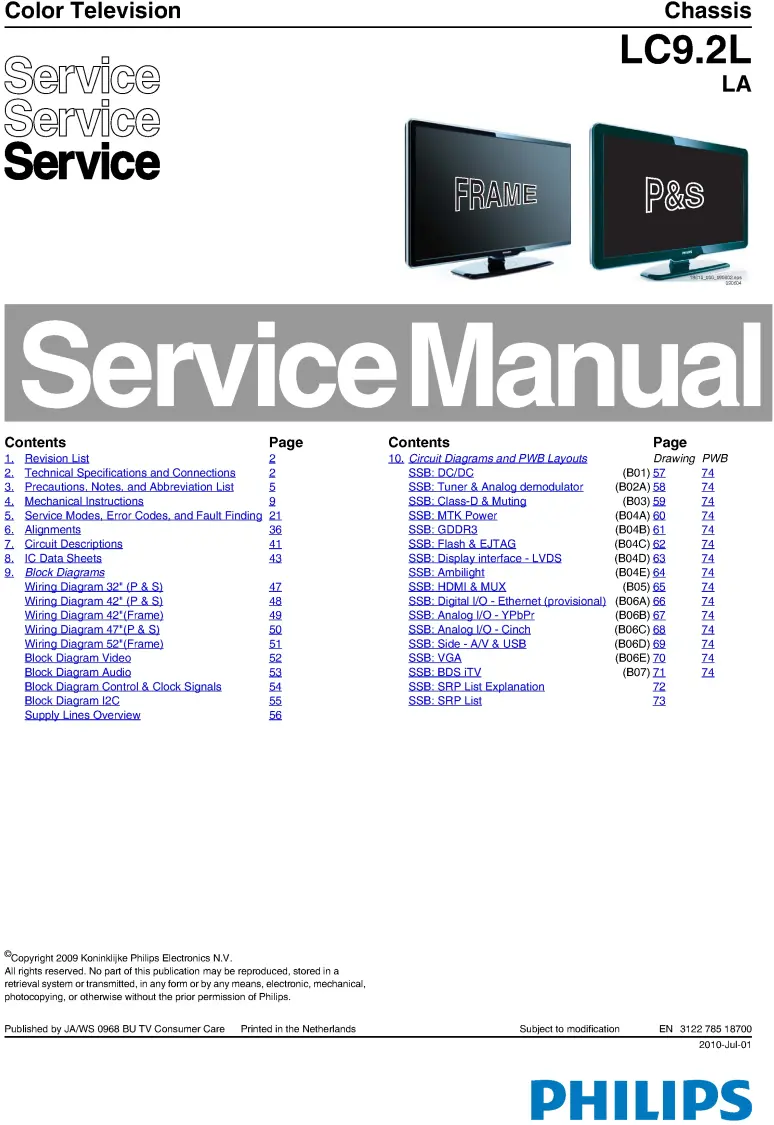 Philips 42pfl7404d service manual cover with photo of the television, TV type, chassis code, model code, creation date and document number