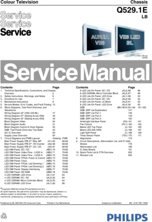 Philips 42pfl9803h service manual cover with photo of the television, TV type, chassis code, model code, creation date and document number
