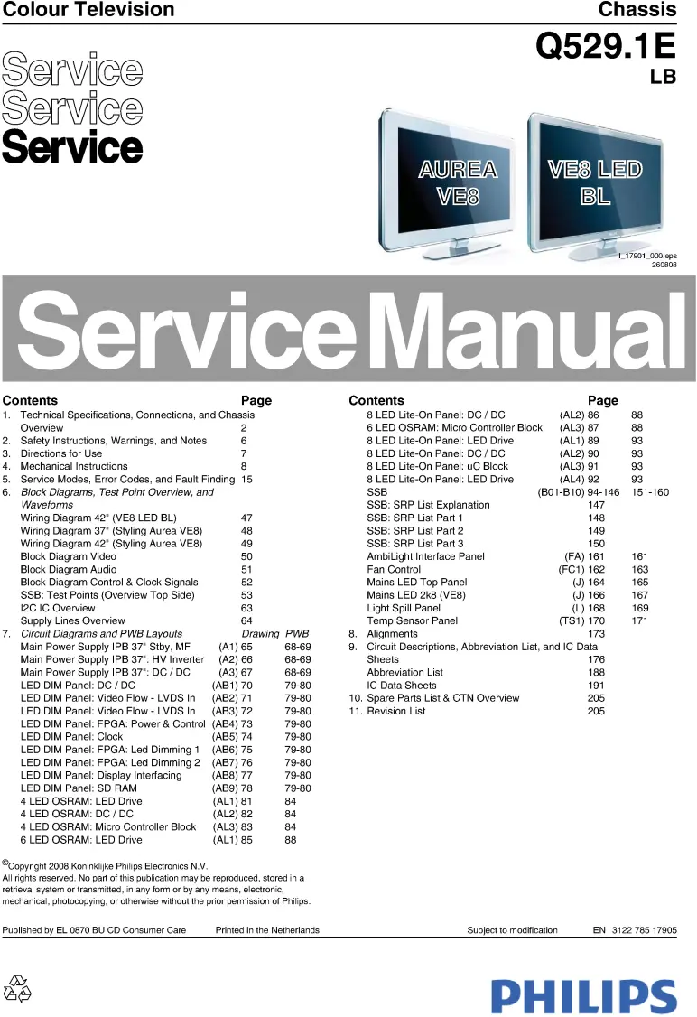 Philips 42pfl9803h service manual cover with photo of the television, TV type, chassis code, model code, creation date and document number