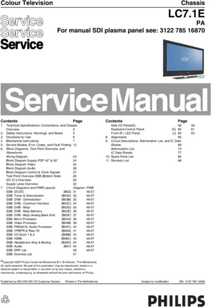 Philips 42pfp5332 service manual cover with photo of the television, TV type, chassis code, model code, creation date and document number