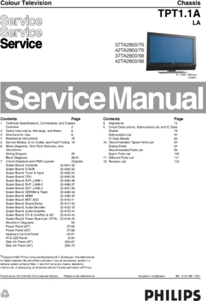Philips 42ta2800 37ta2800 service manual cover with photo of the television, TV type, chassis code, model code, creation date and document number