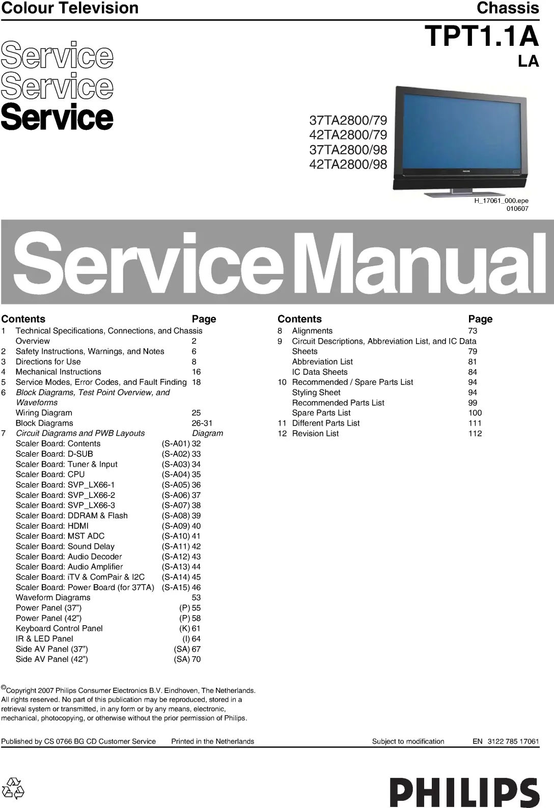 Philips 42ta2800 37ta2800 service manual cover with photo of the television, TV type, chassis code, model code, creation date and document number