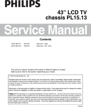Philips 43pfl4901 service manual cover with photo of the television, TV type, chassis code, model code, creation date and document number