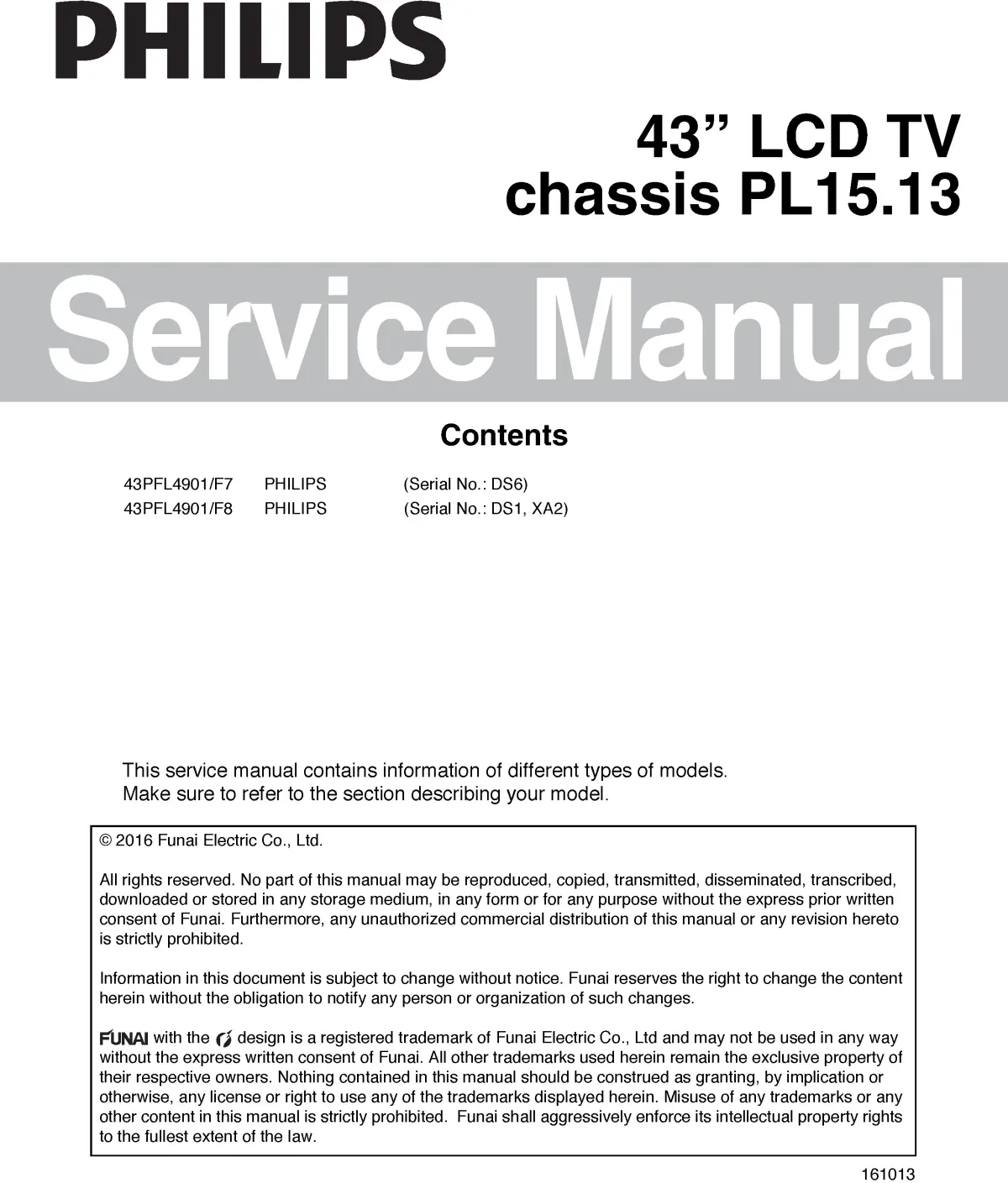 Philips 43pfl4901 service manual cover with photo of the television, TV type, chassis code, model code, creation date and document number