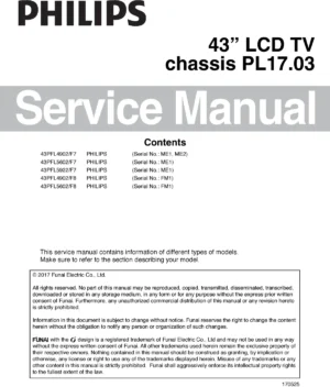 Philips 43pfl4902 43pfl5602 43pfl5922 service manual cover with photo of the television, TV type, chassis code, model code, creation date and document number