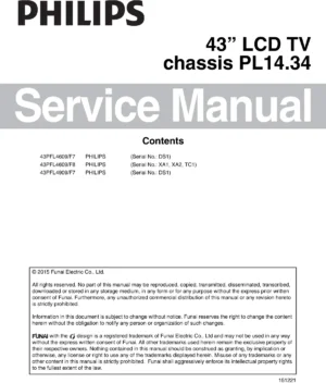 Philips 43pfl4909 43pfl4609 service manual cover with photo of the television, TV type, chassis code, model code, creation date and document number