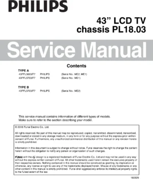 Philips 43pfl5603 43pfl5703 service manual cover with photo of the television, TV type, chassis code, model code, creation date and document number