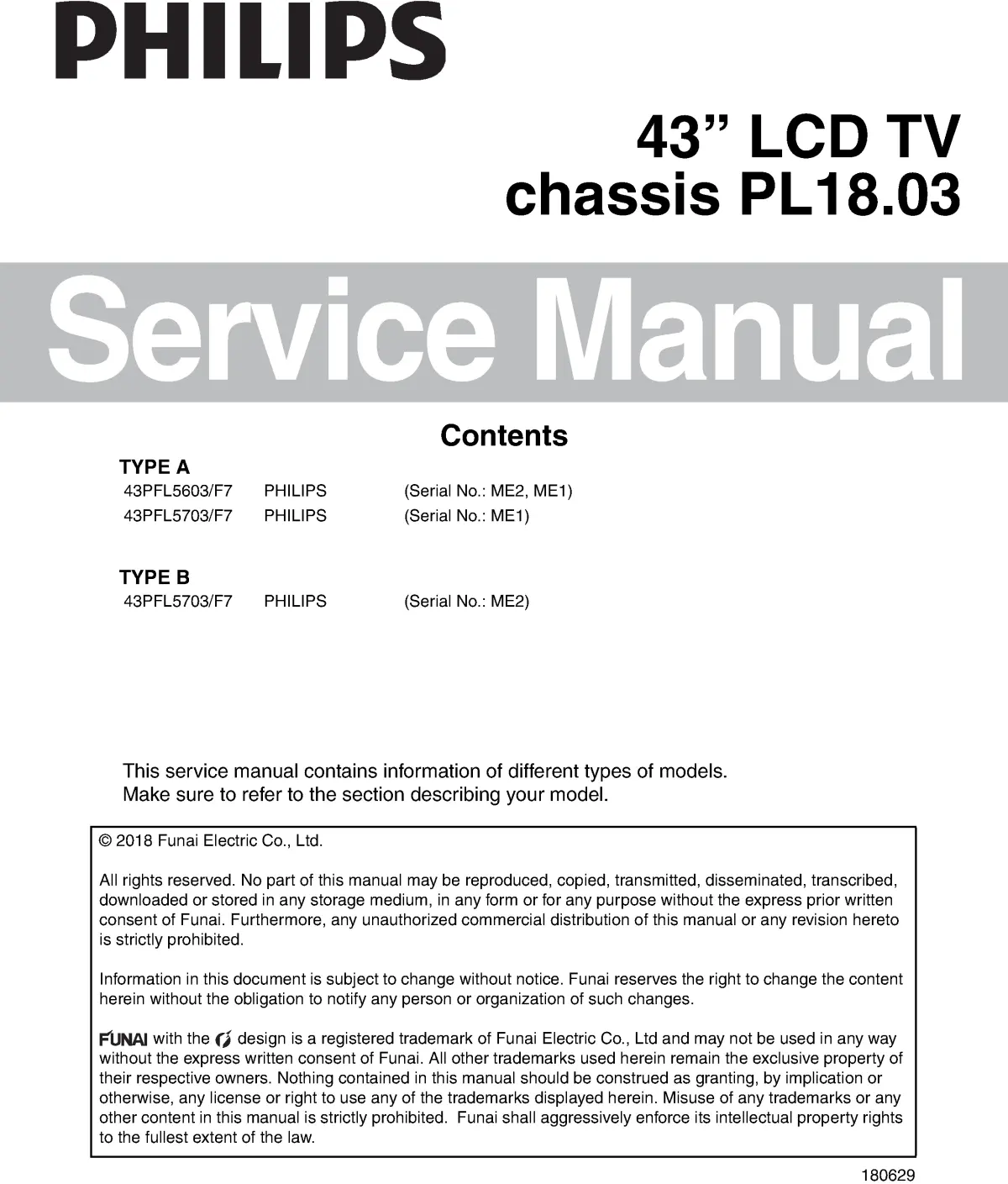 Philips 43pfl5603 43pfl5703 service manual cover with photo of the television, TV type, chassis code, model code, creation date and document number