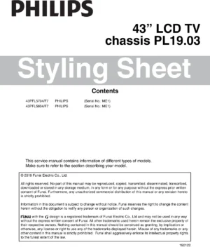 Philips 43pfl5704 43pfl5604 parts list service manual cover with photo of the television, TV type, chassis code, model code, creation date and document number