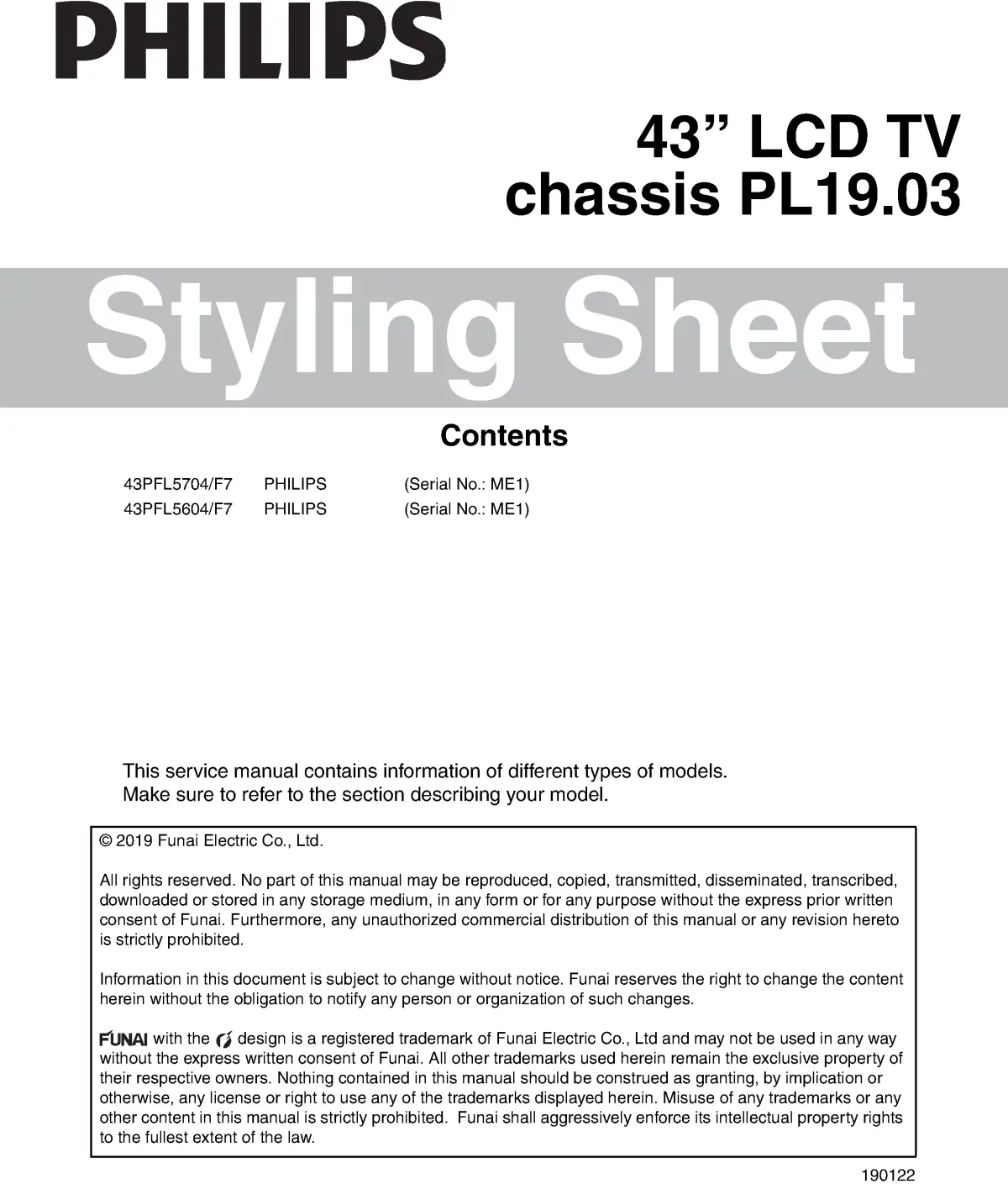 Philips 43pfl5704 43pfl5604 parts list service manual cover with photo of the television, TV type, chassis code, model code, creation date and document number