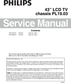 Philips 43pfl5704 43pfl5604 service manual cover with photo of the television, TV type, chassis code, model code, creation date and document number