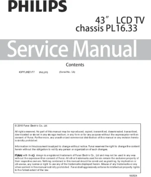 Philips 43pfl6621 service manual cover with photo of the television, TV type, chassis code, model code, creation date and document number