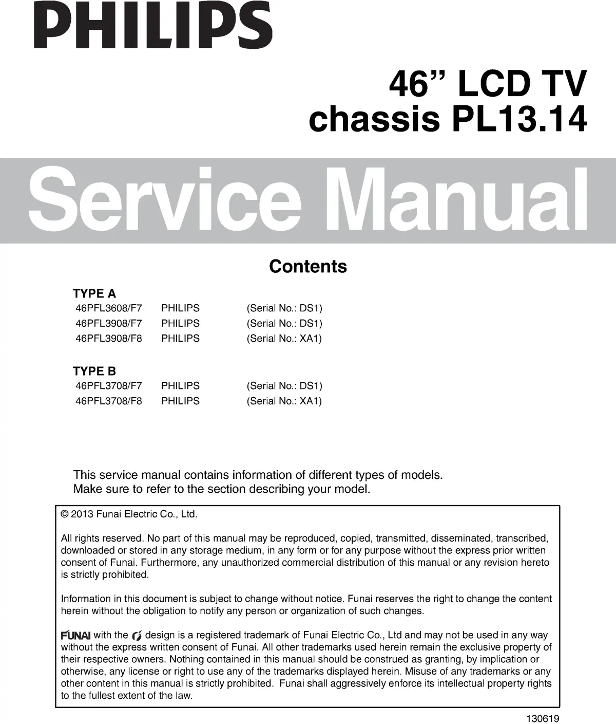 Philips 46pfl3608 pl13.14 service manual cover with photo of the television, TV type, chassis code, model code, creation date and document number