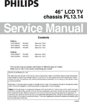 Philips 46pfl3908 pl13.14 service manual cover with photo of the television, TV type, chassis code, model code, creation date and document number