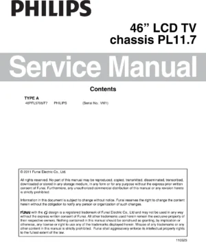 Philips 46pfl5706 service manual cover with photo of the television, TV type, chassis code, model code, creation date and document number