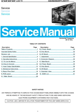 Philips 46pfl5907 service manual cover with photo of the television, TV type, chassis code, model code, creation date and document number