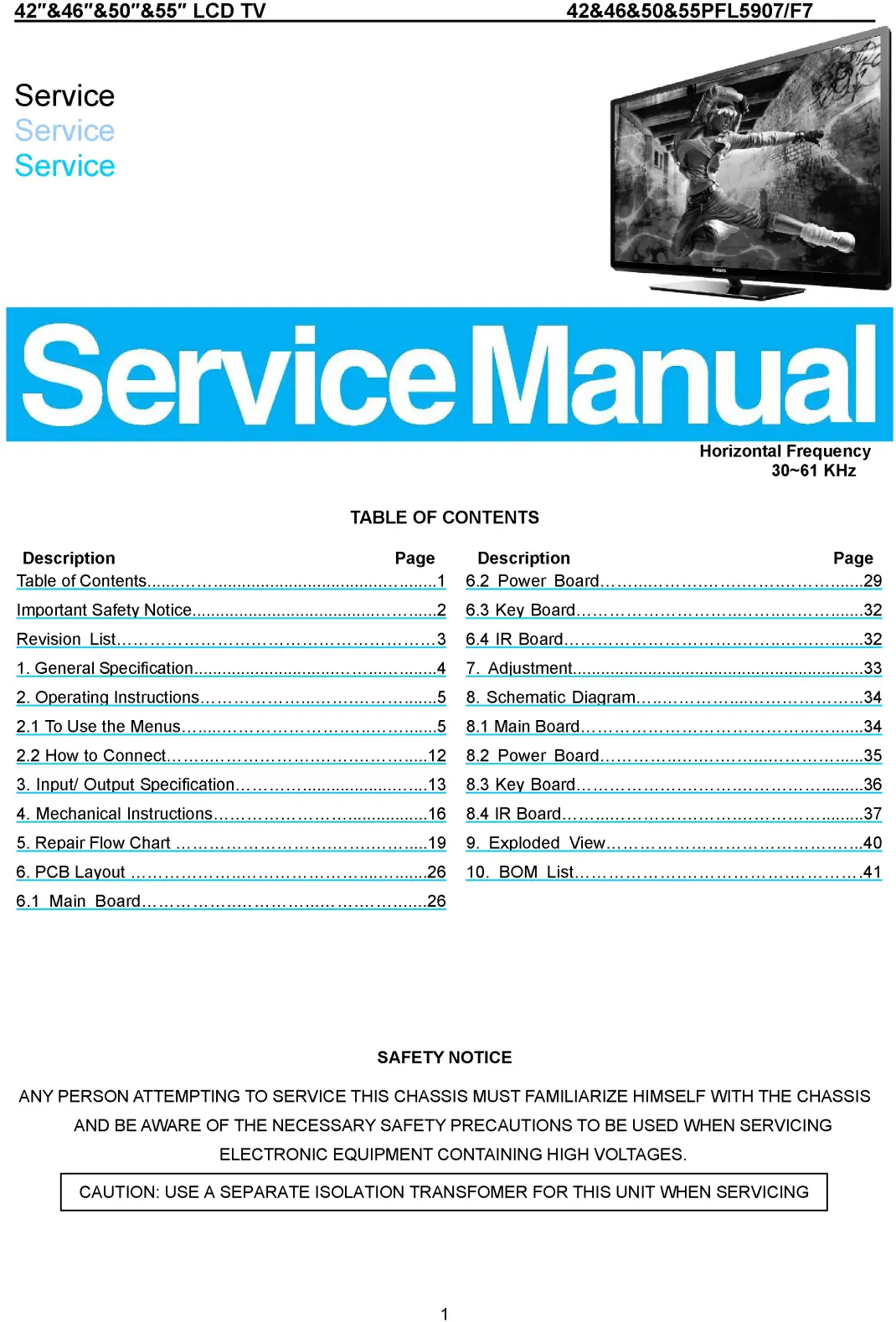 Philips 46pfl5907 service manual cover with photo of the television, TV type, chassis code, model code, creation date and document number