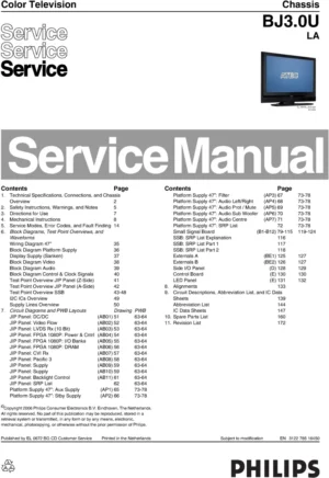 Philips 47pf9441d service manual cover with photo of the television, TV type, chassis code, model code, creation date and document number