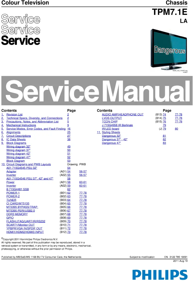Philips 47pfl4606h service manual cover with photo of the television, TV type, chassis code, model code, creation date and document number