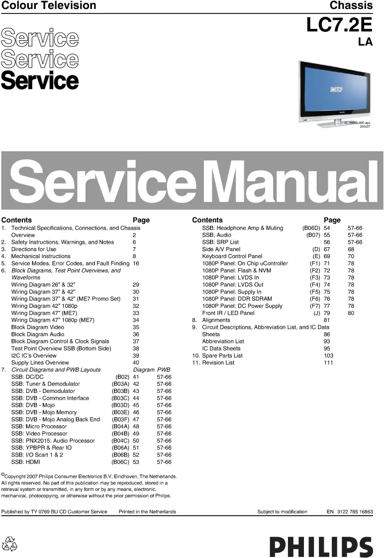 Philips 47pfl5522d service manual cover with photo of the television, TV type, chassis code, model code, creation date and document number