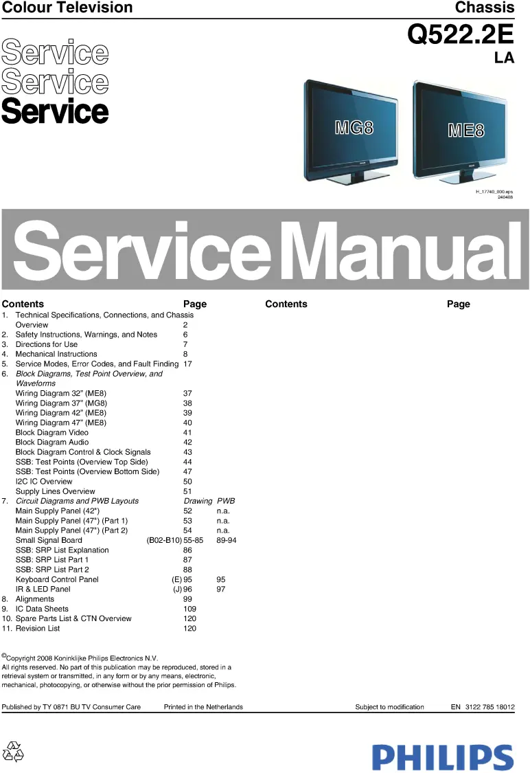 Philips 47pfl5603 service manual cover with photo of the television, TV type, chassis code, model code, creation date and document number