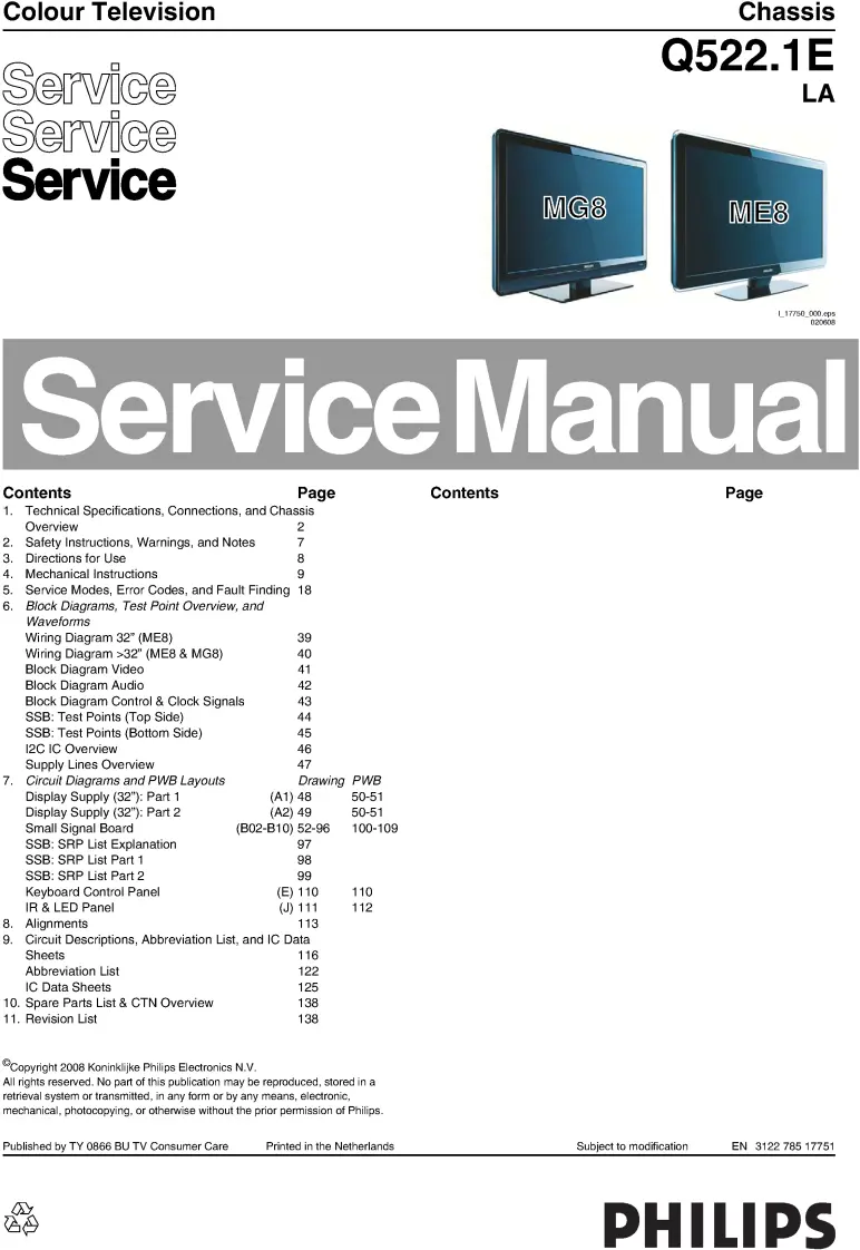 Philips 47pfl5603d 47pfl5603h q522.1ela service manual cover with photo of the television, TV type, chassis code, model code, creation date and document number