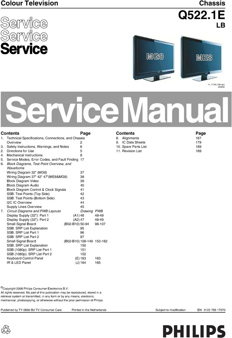 Philips 47pfl5603d 47pfl5603h q522.1elb service manual cover with photo of the television, TV type, chassis code, model code, creation date and document number