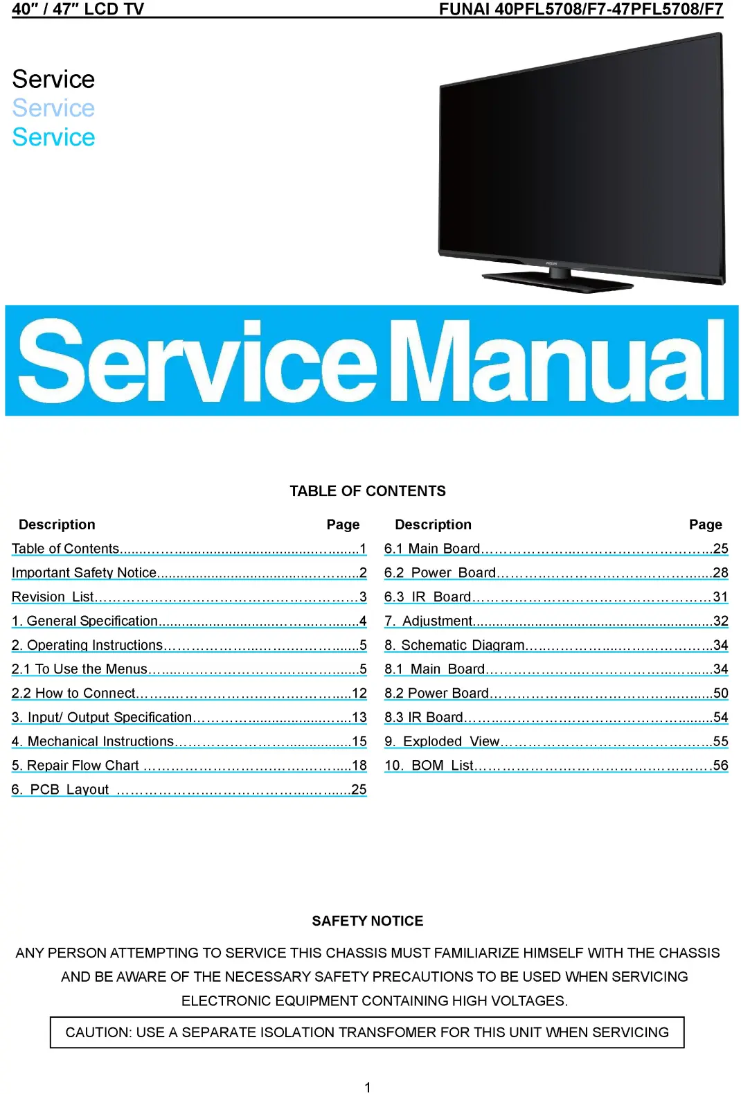Philips 47pfl5708 service manual cover with photo of the television, TV type, chassis code, model code, creation date and document number