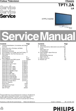 Philips 47pfl7422 93 service manual cover with photo of the television, TV type, chassis code, model code, creation date and document number