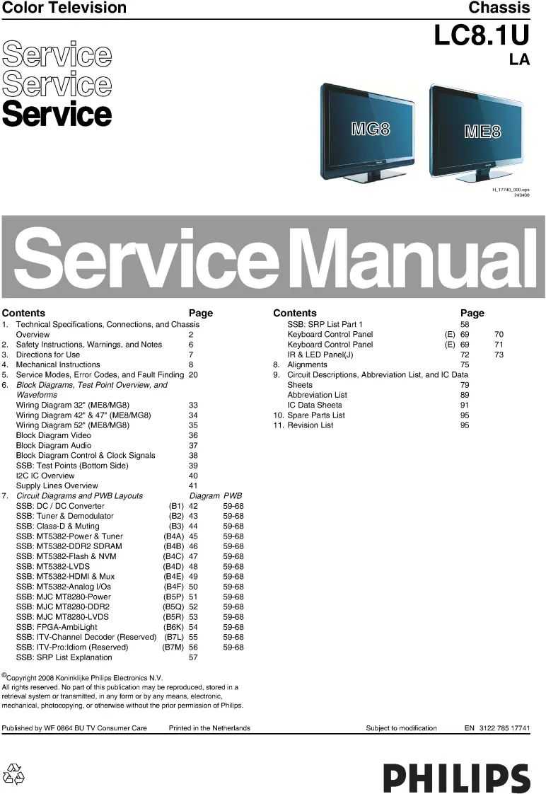 Philips 47pfl7603d lc8.1ula service manual cover with photo of the television, TV type, chassis code, model code, creation date and document number