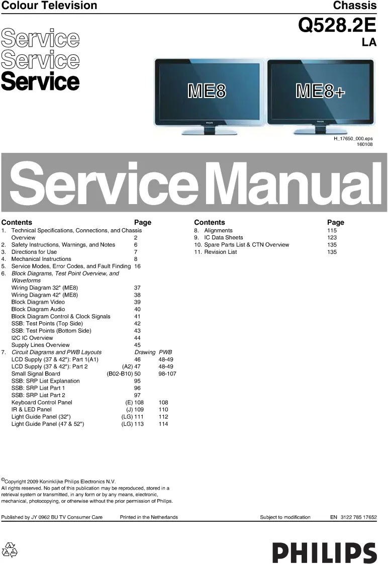 Philips 47pfl7603d q528.2ela service manual cover with photo of the television, TV type, chassis code, model code, creation date and document number