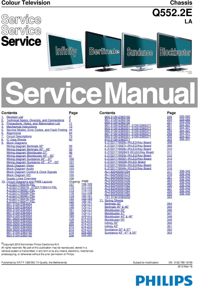 Philips 47pfl7696h service manual cover with photo of the television, TV type, chassis code, model code, creation date and document number