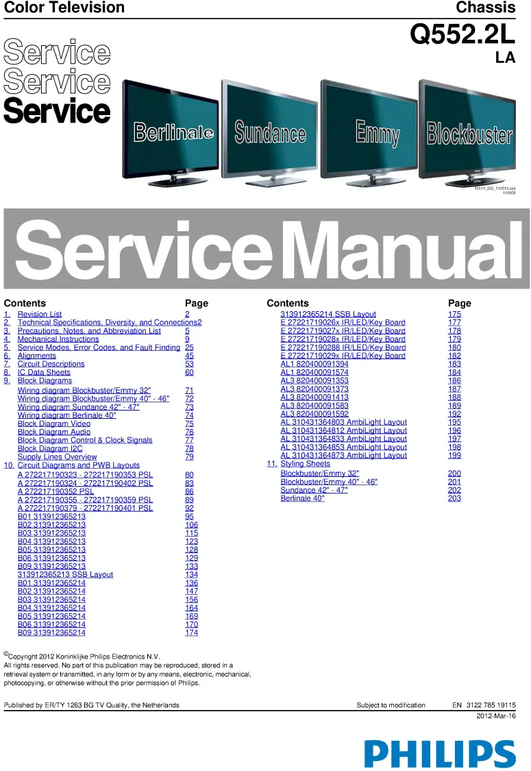 Philips 47pfl8606d service manual cover with photo of the television, TV type, chassis code, model code, creation date and document number
