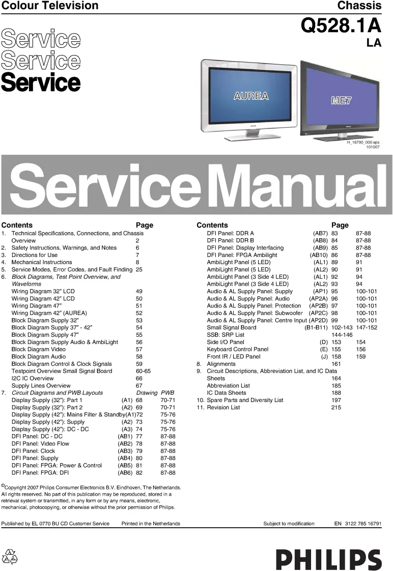 Philips 47pfl9532 service manual cover with photo of the television, TV type, chassis code, model code, creation date and document number