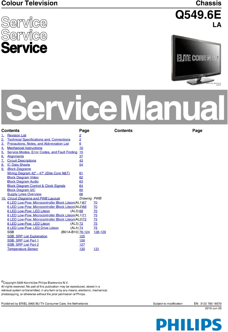 Philips 47pfl9664h service manual cover with photo of the television, TV type, chassis code, model code, creation date and document number