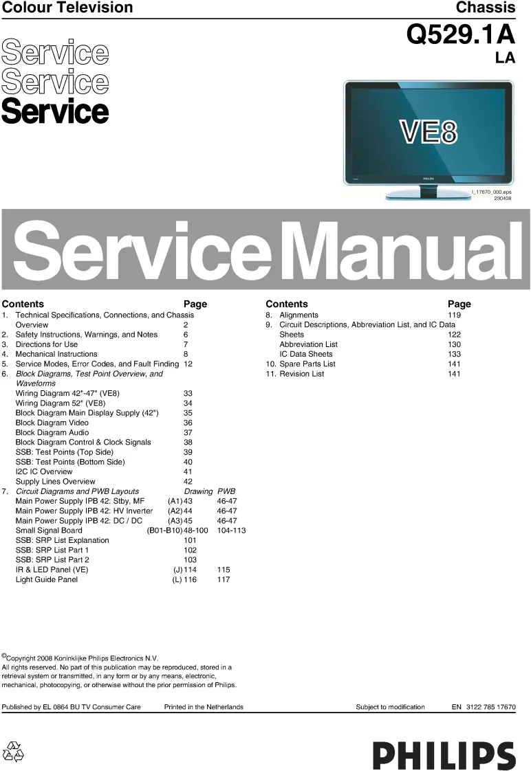 Philips 47pfl9703 service manual cover with photo of the television, TV type, chassis code, model code, creation date and document number
