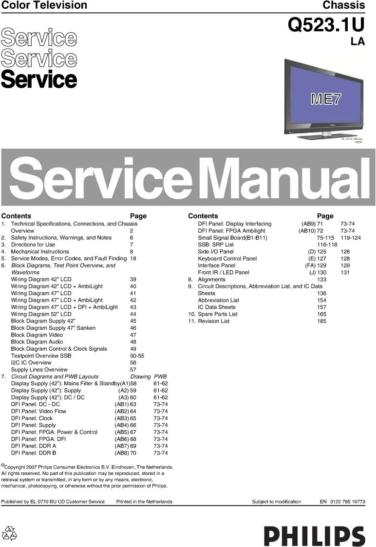 Philips 47pfl9732d q523.1ula service manual cover with photo of the television, TV type, chassis code, model code, creation date and document number