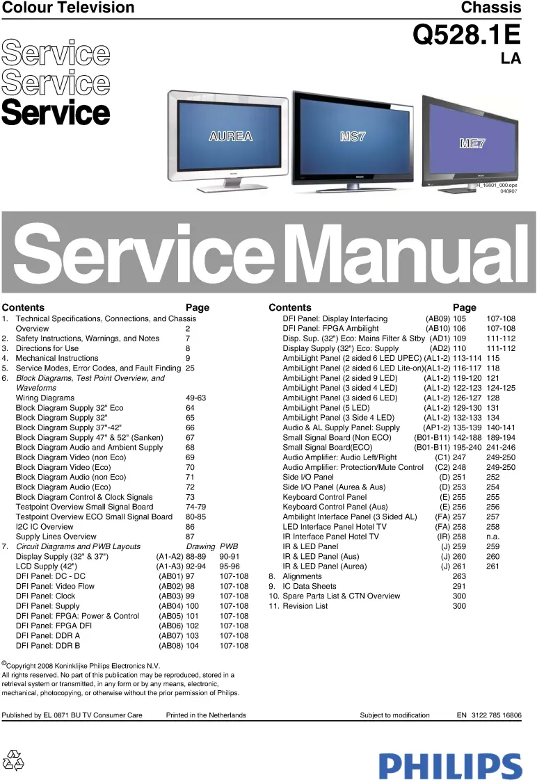 Philips 47pfl9732d q528.1ela service manual cover with photo of the television, TV type, chassis code, model code, creation date and document number