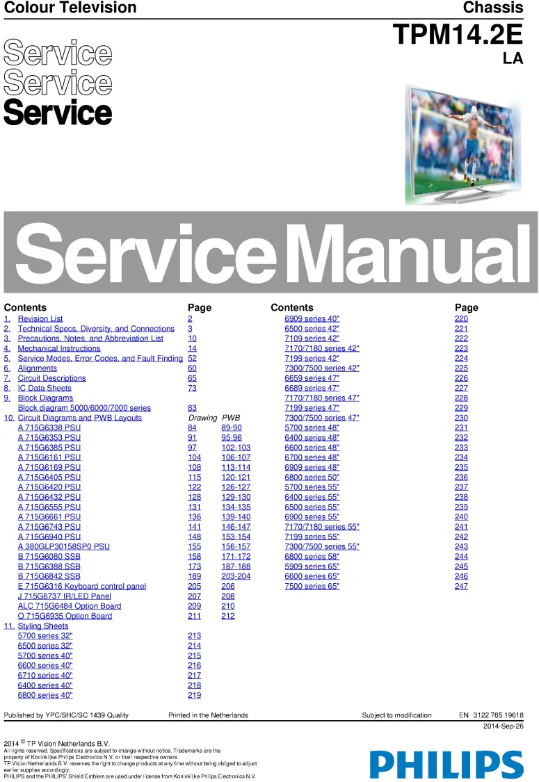 Philips 48pfk6949 48pfk6959 48pfk6989 service manual cover with photo of the television, TV type, chassis code, model code, creation date and document number
