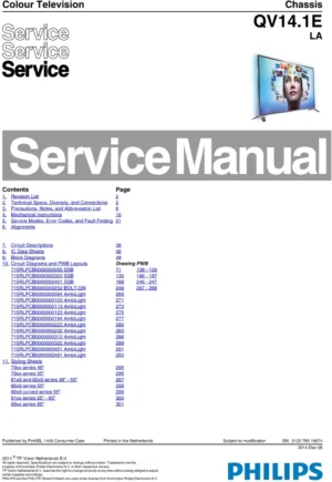 Philips 48pfs8109 48pfs8209 48pfs8159 service manual cover with photo of the television, TV type, chassis code, model code, creation date and document number