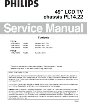 Philips 49pfl4909 49pfl4609 service manual cover with photo of the television, TV type, chassis code, model code, creation date and document number