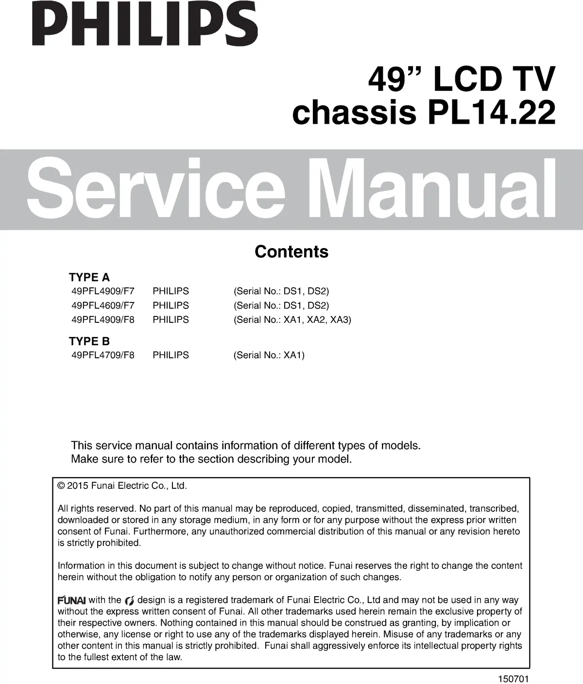 Philips 49pfl4909 49pfl4609 service manual cover with photo of the television, TV type, chassis code, model code, creation date and document number