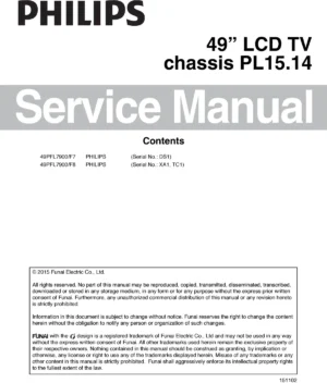 Philips 49pfl7900 service manual cover with photo of the television, TV type, chassis code, model code, creation date and document number