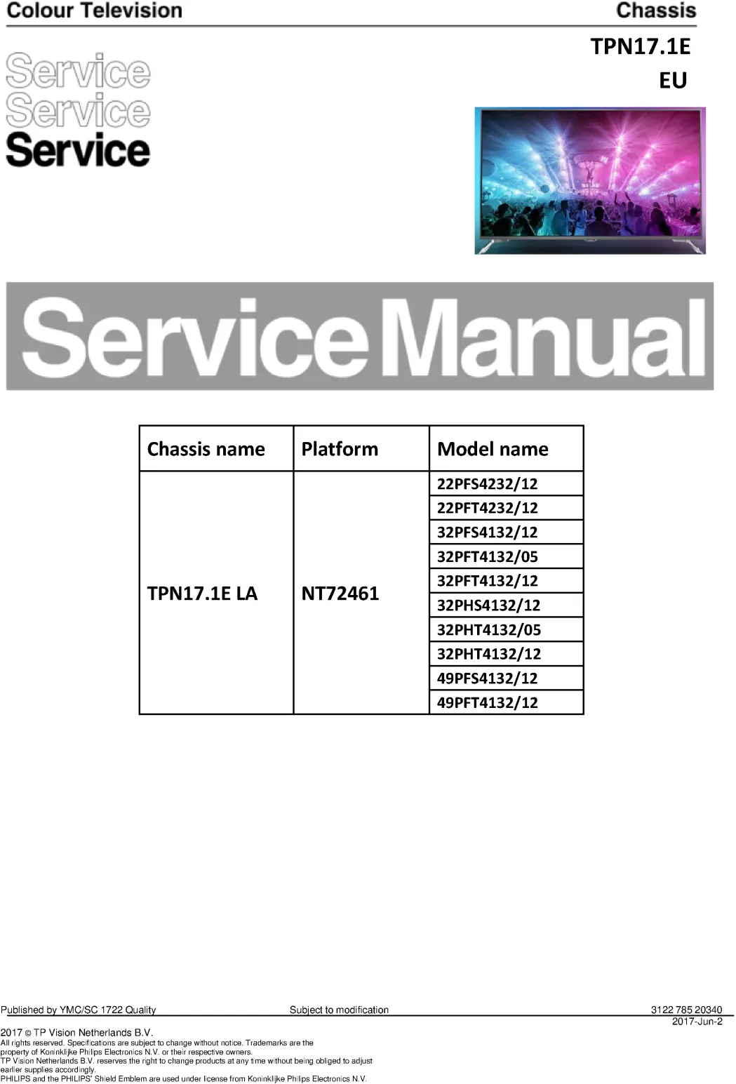 Philips 49pfs4132 49pft4132 service manual cover with photo of the television, TV type, chassis code, model code, creation date and document number