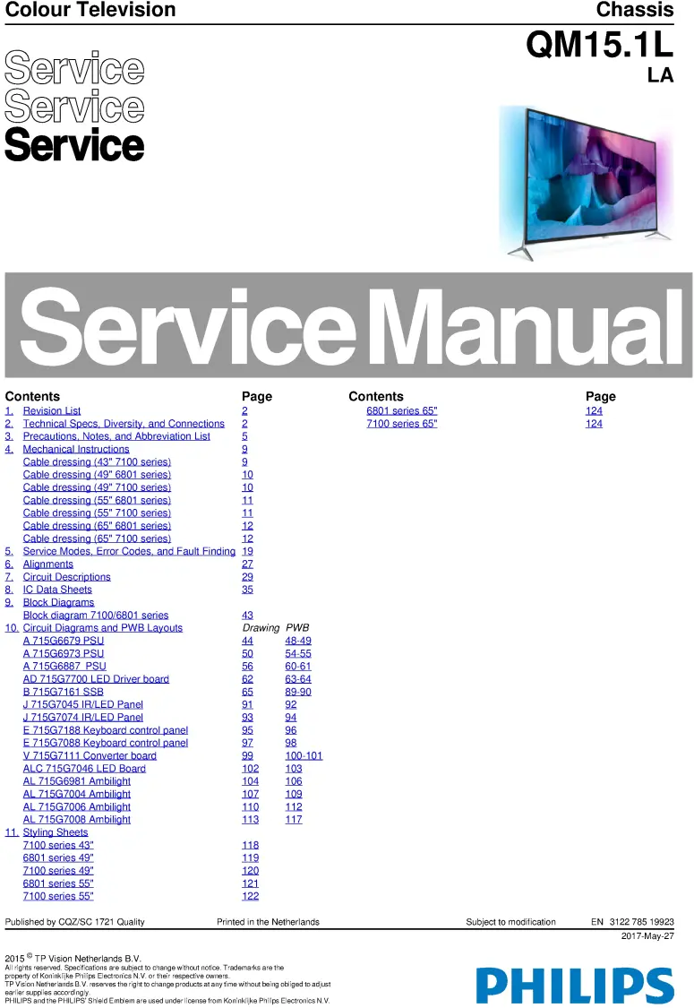 Philips 49pug7100 55pug7100 service manual cover with photo of the television, TV type, chassis code, model code, creation date and document number