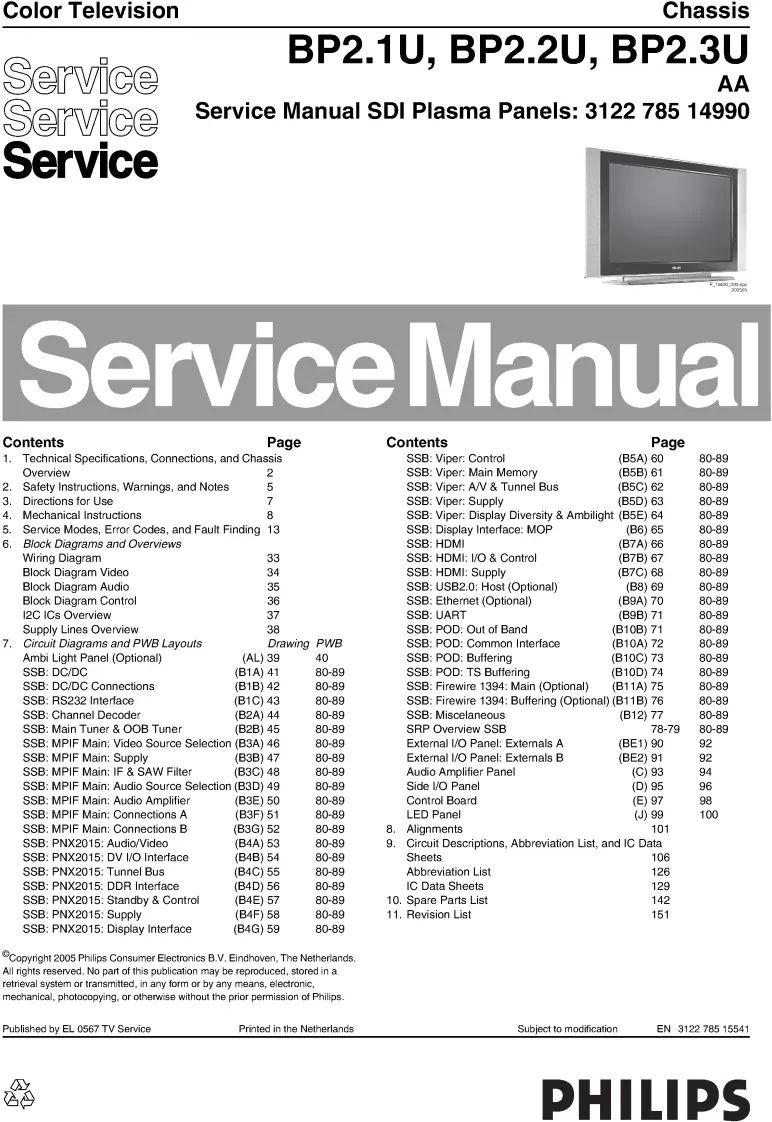 Philips 50pf7320 service manual cover with photo of the television, TV type, chassis code, model code, creation date and document number