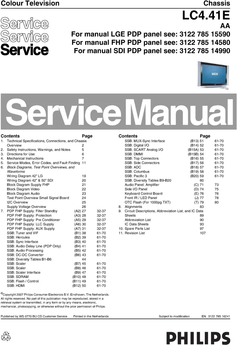 Philips 50pf7321 lc4.41eaa service manual cover with photo of the television, TV type, chassis code, model code, creation date and document number