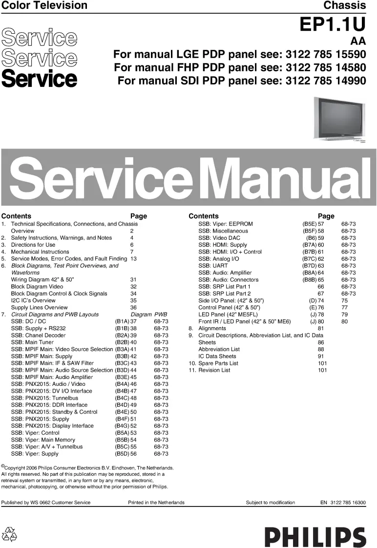 Philips 50pf7321d ep1.1uaa service manual cover with photo of the television, TV type, chassis code, model code, creation date and document number