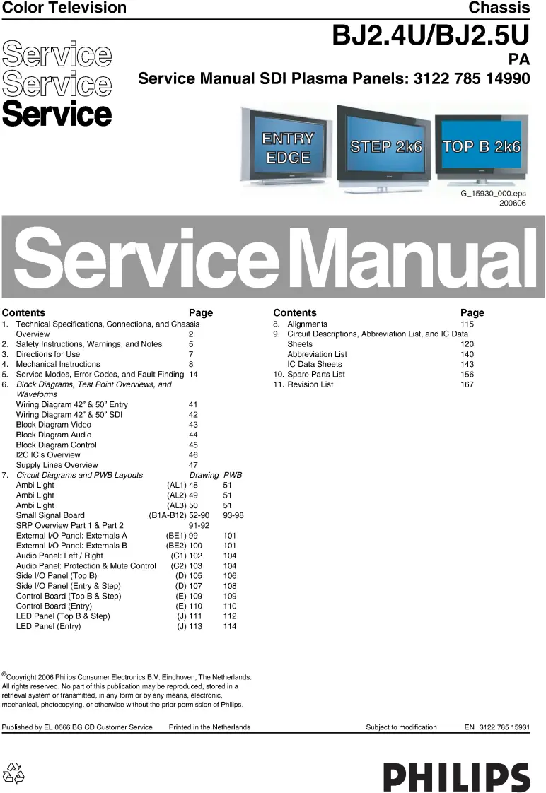 Philips 50pf9631d bj2.4upa service manual cover with photo of the television, TV type, chassis code, model code, creation date and document number